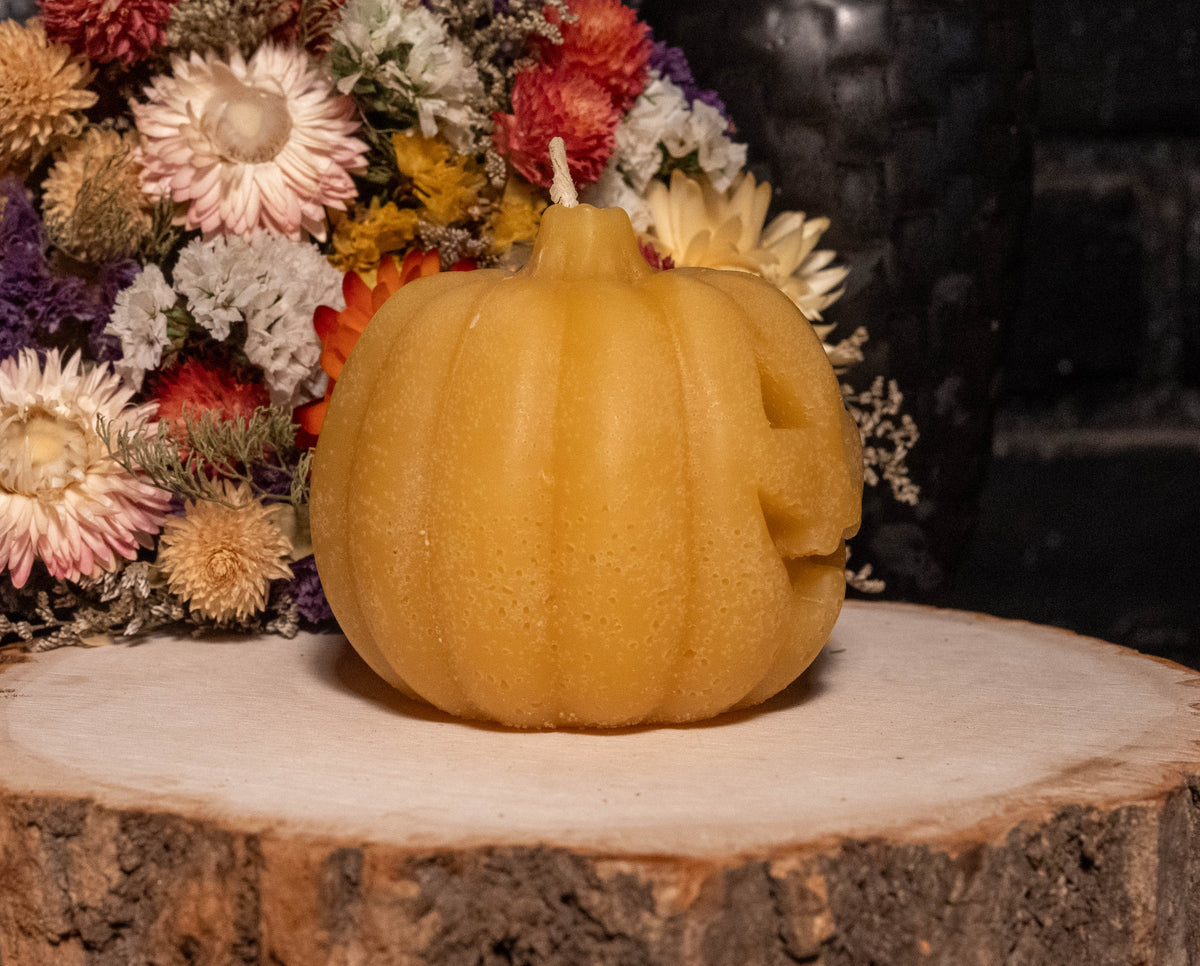 Jack-O’-Lantern Beeswax Candle: Hand-Poured Halloween Pumpkin Decor
